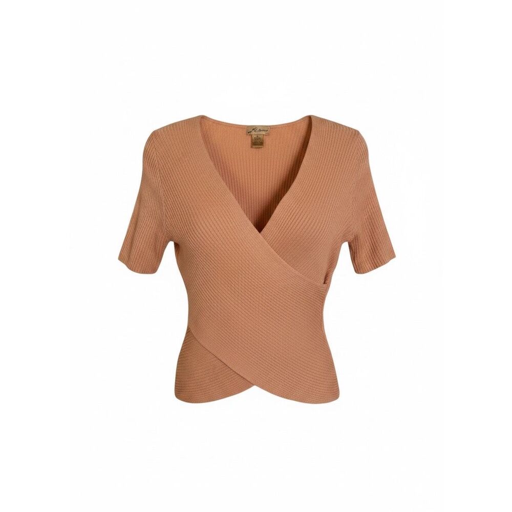 Vintage Milano Ribbed Knit Wrap Top Peach Short Sleeve Y2K Minimalist Size M